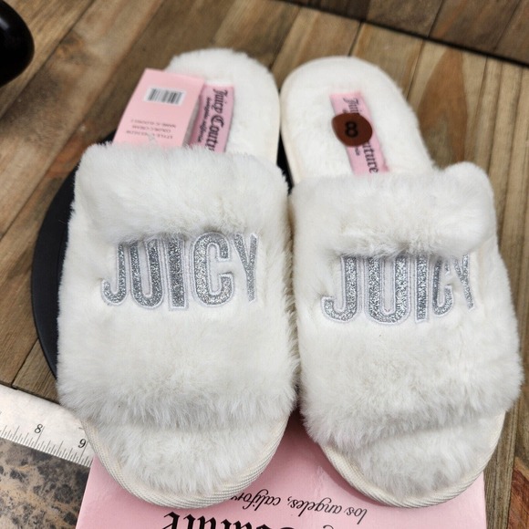 Womens Juicy Couture Eldoris size M Medium 7-8 White Faux Fur Lined Slippers - Picture 4 of 6